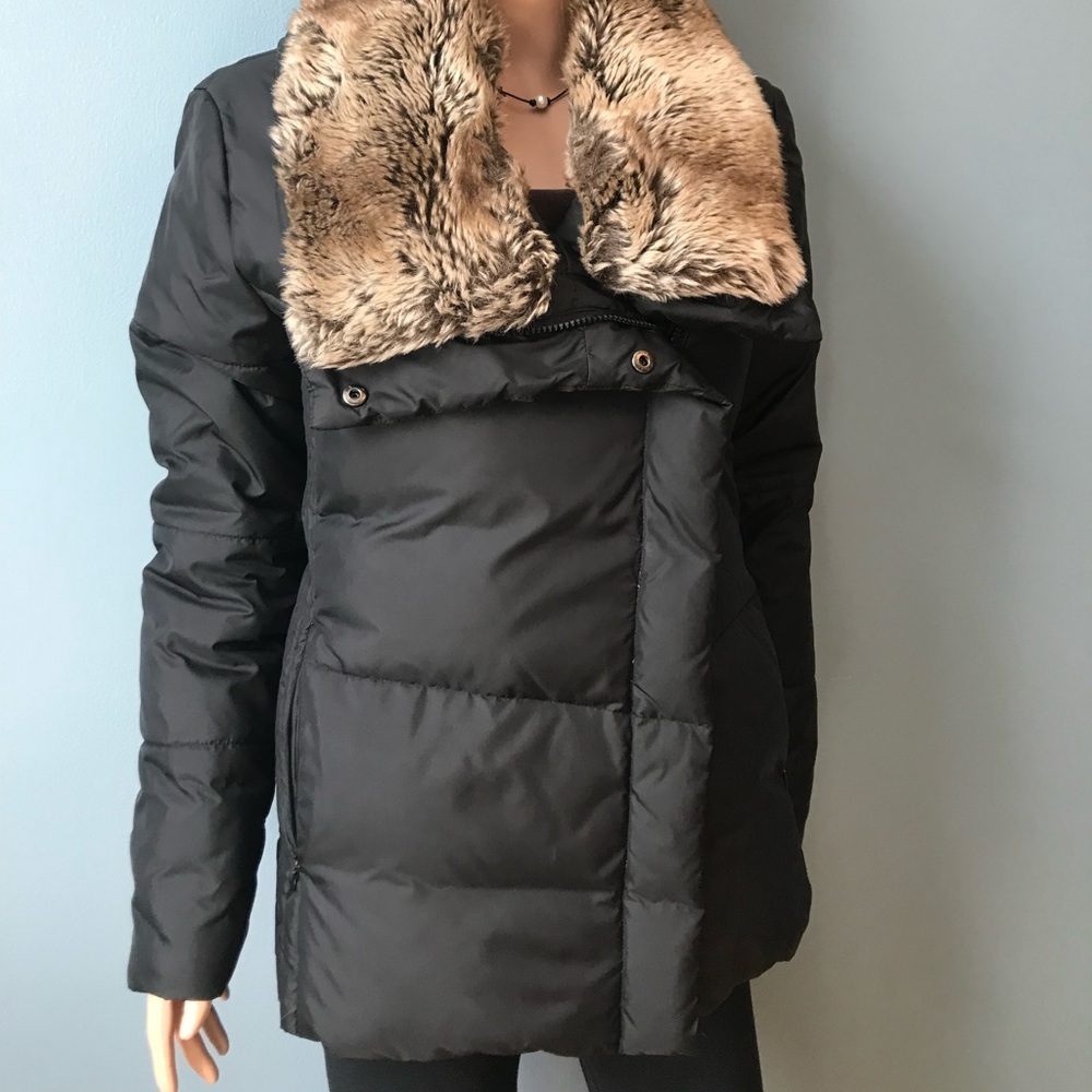 Hawke & Co. Black Down Brown Faux Fur Removable Collar NWOT
